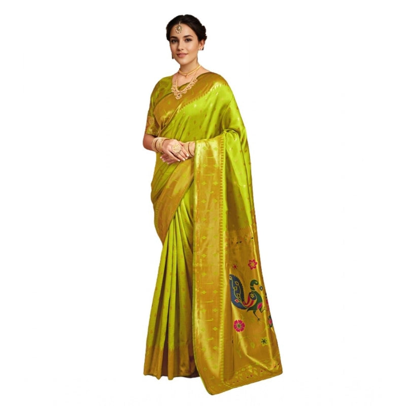 Mayawye Women's Silk Blend Zari Weaving Saree With Unstitched Blouse 5.5Mtr (Lime-Green)