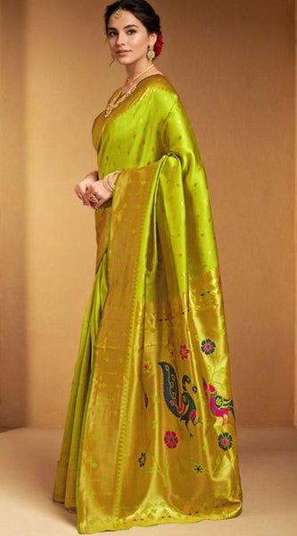 Mayawye Women's Silk Blend Zari Weaving Saree With Unstitched Blouse 5.5Mtr (Lime-Green)