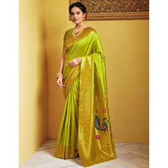 Mayawye Women's Silk Blend Zari Weaving Saree With Unstitched Blouse 5.5Mtr (Lime-Green)