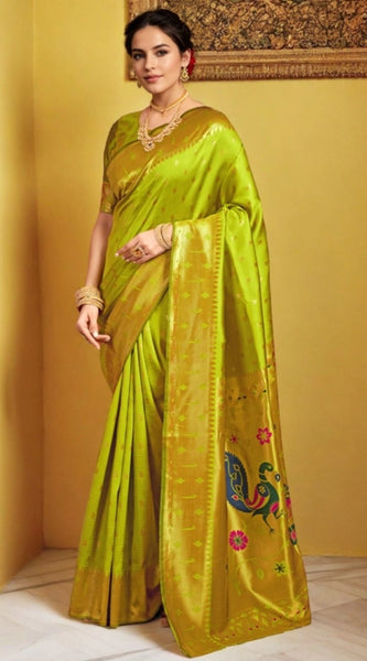 Mayawye Women's Silk Blend Zari Weaving Saree With Unstitched Blouse 5.5Mtr (Lime-Green)