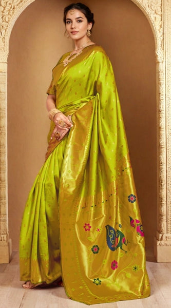 Mayawye Women's Silk Blend Zari Weaving Saree With Unstitched Blouse 5.5Mtr (Lime-Green)