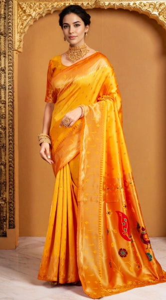 Mayawye Women's Silk Blend Zari Weaving Saree With Unstitched Blouse 5.5Mtr (Mustard)