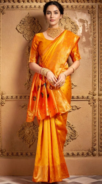 Mayawye Women's Silk Blend Zari Weaving Saree With Unstitched Blouse 5.5Mtr (Mustard)