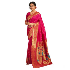 Mayawye Women's Silk Blend Zari Weaving Saree With Unstitched Blouse 5.5Mtr (Pink)