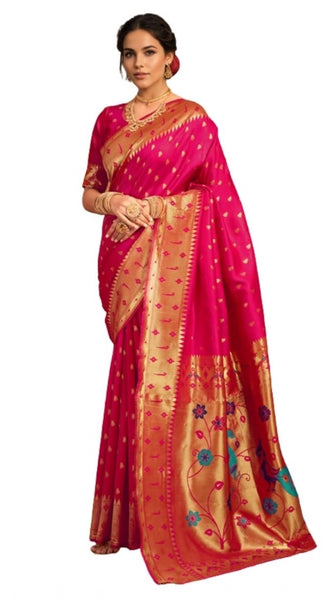 Mayawye Women's Silk Blend Zari Weaving Saree With Unstitched Blouse 5.5Mtr (Pink)