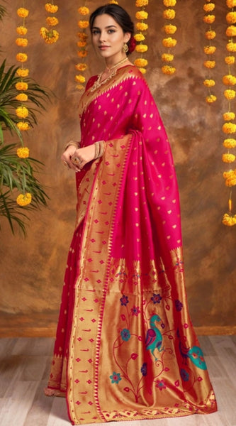Mayawye Women's Silk Blend Zari Weaving Saree With Unstitched Blouse 5.5Mtr (Pink)