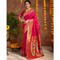 Mayawye Women's Silk Blend Zari Weaving Saree With Unstitched Blouse 5.5Mtr (Pink)