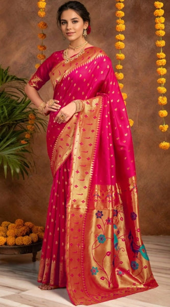 Mayawye Women's Silk Blend Zari Weaving Saree With Unstitched Blouse 5.5Mtr (Pink)