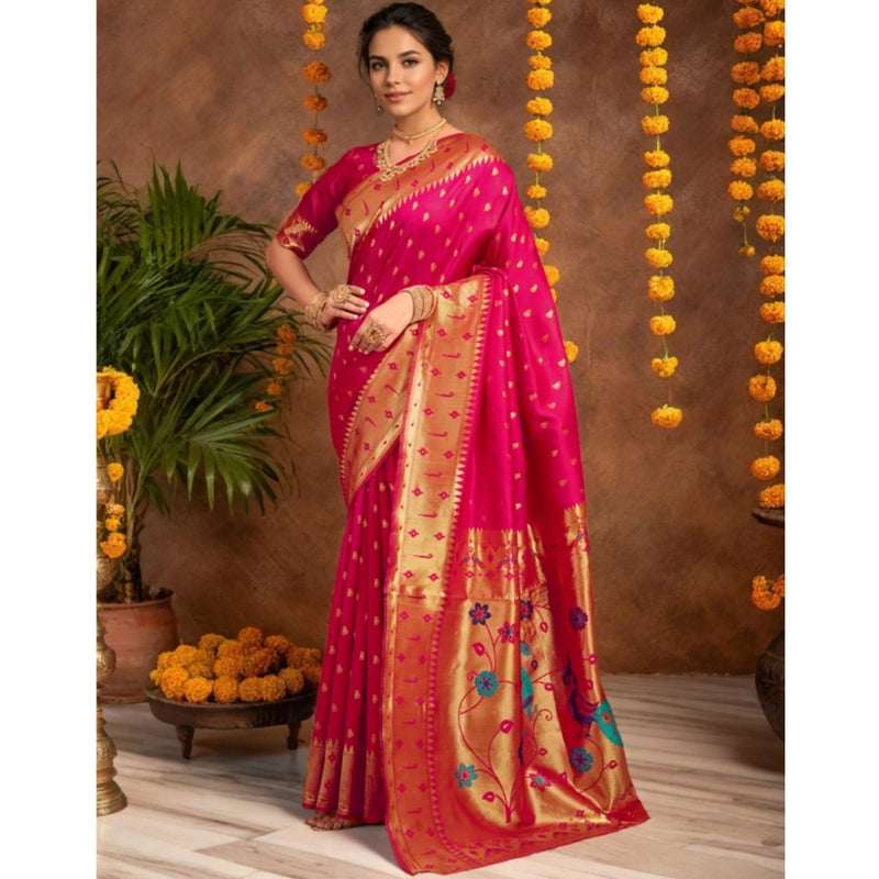 Mayawye Women's Silk Blend Zari Weaving Saree With Unstitched Blouse 5.5Mtr (Pink)