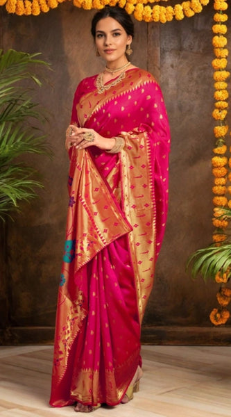 Mayawye Women's Silk Blend Zari Weaving Saree With Unstitched Blouse 5.5Mtr (Pink)