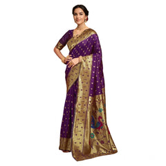 Mayawye Women's Silk Blend Zari Weaving Saree With Unstitched Blouse 5.5Mtr (Purple)