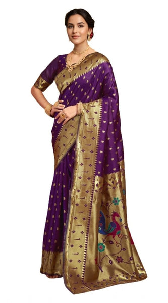 Mayawye Women's Silk Blend Zari Weaving Saree With Unstitched Blouse 5.5Mtr (Purple)
