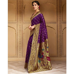 Mayawye Women's Silk Blend Zari Weaving Saree With Unstitched Blouse 5.5Mtr (Purple)