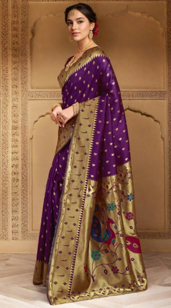 Mayawye Women's Silk Blend Zari Weaving Saree With Unstitched Blouse 5.5Mtr (Purple)