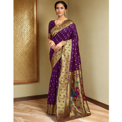 Mayawye Women's Silk Blend Zari Weaving Saree With Unstitched Blouse 5.5Mtr (Purple)