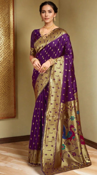 Mayawye Women's Silk Blend Zari Weaving Saree With Unstitched Blouse 5.5Mtr (Purple)