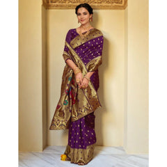 Mayawye Women's Silk Blend Zari Weaving Saree With Unstitched Blouse 5.5Mtr (Purple)
