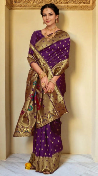 Mayawye Women's Silk Blend Zari Weaving Saree With Unstitched Blouse 5.5Mtr (Purple)
