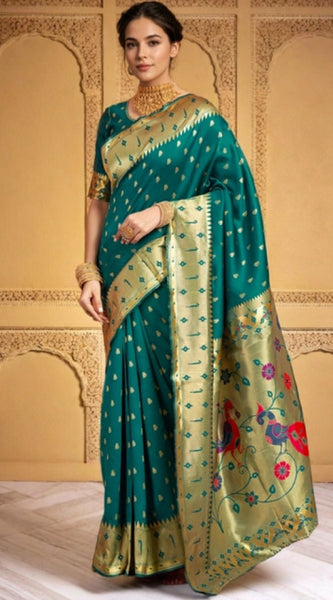 Mayawye Women's Silk Blend Zari Weaving Saree With Unstitched Blouse 5.5Mtr (Rama)