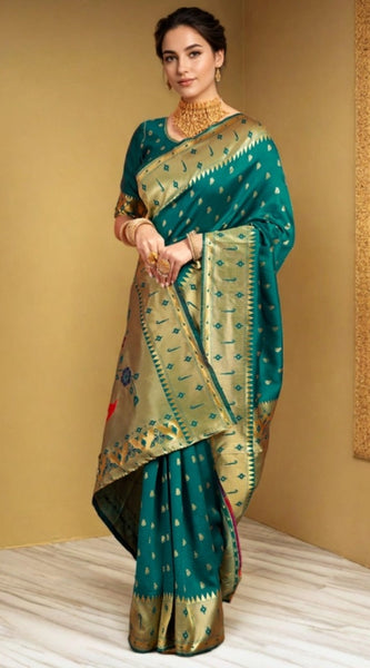 Mayawye Women's Silk Blend Zari Weaving Saree With Unstitched Blouse 5.5Mtr (Rama)