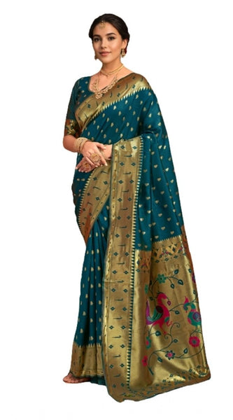 Mayawye Women's Silk Blend Zari Weaving Saree With Unstitched Blouse 5.5Mtr (Teal)