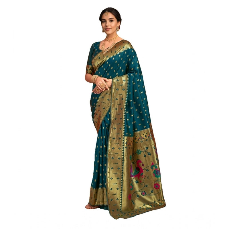 Mayawye Women's Silk Blend Zari Weaving Saree With Unstitched Blouse 5.5Mtr (Teal)