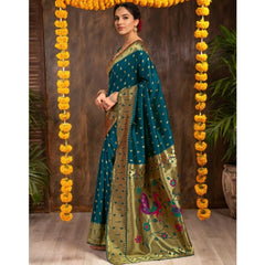 Mayawye Women's Silk Blend Zari Weaving Saree With Unstitched Blouse 5.5Mtr (Teal)