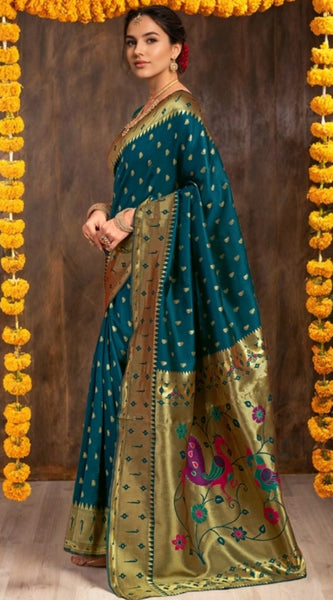 Mayawye Women's Silk Blend Zari Weaving Saree With Unstitched Blouse 5.5Mtr (Teal)