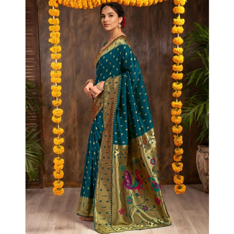 Mayawye Women's Silk Blend Zari Weaving Saree With Unstitched Blouse 5.5Mtr (Teal)