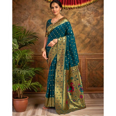 Mayawye Women's Silk Blend Zari Weaving Saree With Unstitched Blouse 5.5Mtr (Teal)