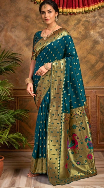 Mayawye Women's Silk Blend Zari Weaving Saree With Unstitched Blouse 5.5Mtr (Teal)