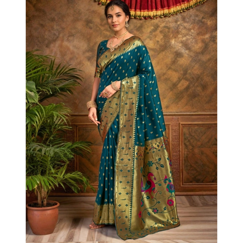 Mayawye Women's Silk Blend Zari Weaving Saree With Unstitched Blouse 5.5Mtr (Teal)