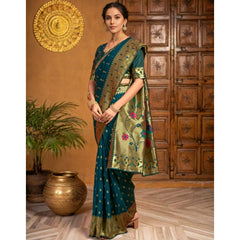 Mayawye Women's Silk Blend Zari Weaving Saree With Unstitched Blouse 5.5Mtr (Teal)