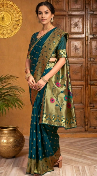 Mayawye Women's Silk Blend Zari Weaving Saree With Unstitched Blouse 5.5Mtr (Teal)