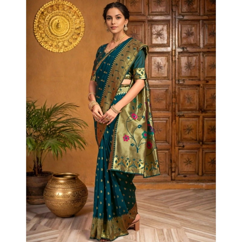 Mayawye Women's Silk Blend Zari Weaving Saree With Unstitched Blouse 5.5Mtr (Teal)
