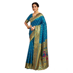 Mayawye Women's Silk Blend Zari Weaving Saree With Unstitched Blouse 5.5Mtr (Turquoise)