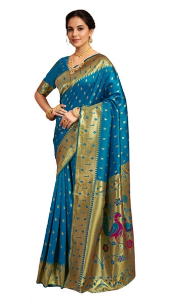 Mayawye Women's Silk Blend Zari Weaving Saree With Unstitched Blouse 5.5Mtr (Turquoise)