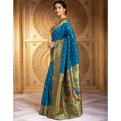 Mayawye Women's Silk Blend Zari Weaving Saree With Unstitched Blouse 5.5Mtr (Turquoise)