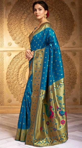 Mayawye Women's Silk Blend Zari Weaving Saree With Unstitched Blouse 5.5Mtr (Turquoise)