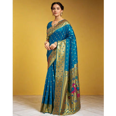 Mayawye Women's Silk Blend Zari Weaving Saree With Unstitched Blouse 5.5Mtr (Turquoise)
