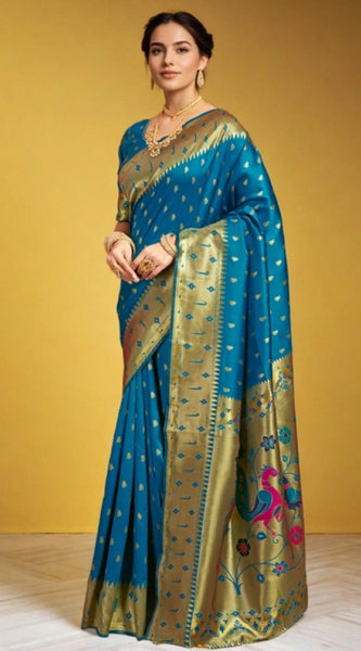 Mayawye Women's Silk Blend Zari Weaving Saree With Unstitched Blouse 5.5Mtr (Turquoise)