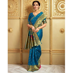 Mayawye Women's Silk Blend Zari Weaving Saree With Unstitched Blouse 5.5Mtr (Turquoise)