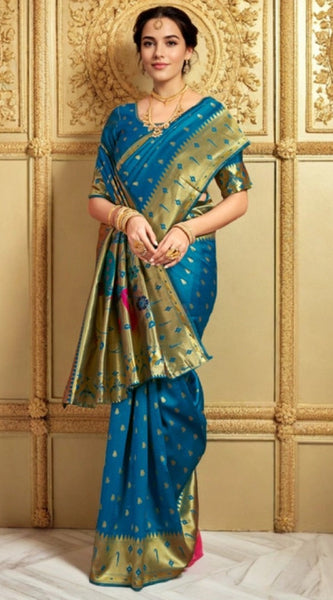 Mayawye Women's Silk Blend Zari Weaving Saree With Unstitched Blouse 5.5Mtr (Turquoise)