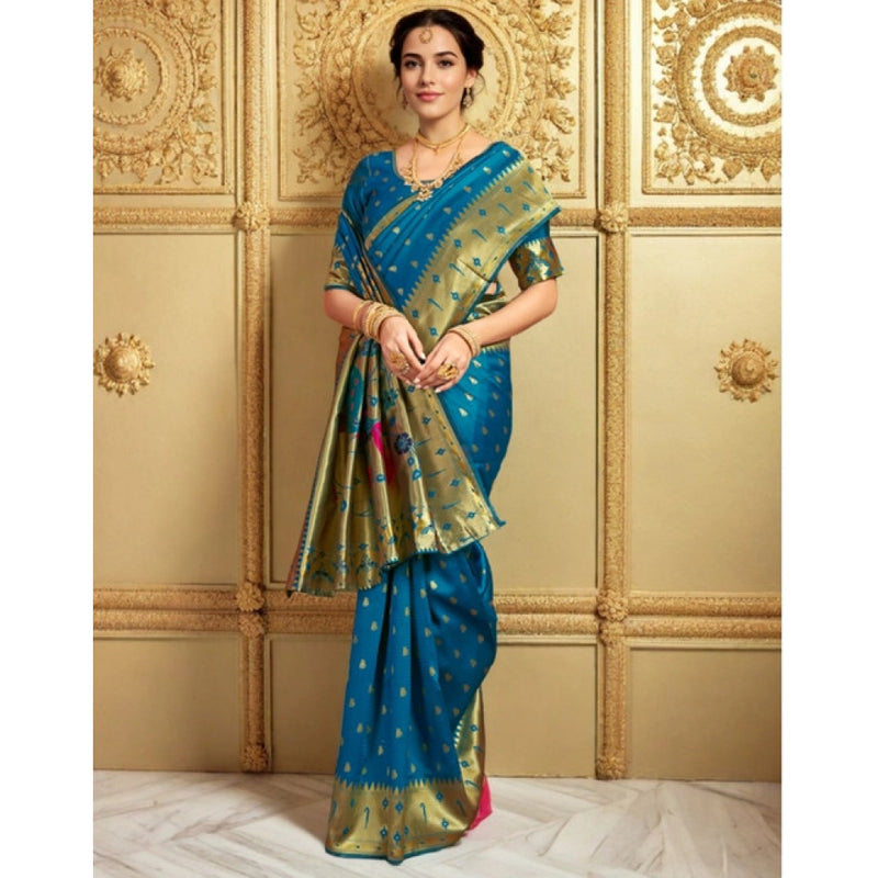 Mayawye Women's Silk Blend Zari Weaving Saree With Unstitched Blouse 5.5Mtr (Turquoise)