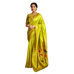Mayawye Women's Silk Blend Zari Weaving Saree With Unstitched Blouse 5.5Mtr (Lime-Green)