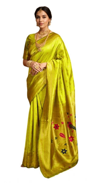 Mayawye Women's Silk Blend Zari Weaving Saree With Unstitched Blouse 5.5Mtr (Lime-Green)