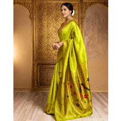 Mayawye Women's Silk Blend Zari Weaving Saree With Unstitched Blouse 5.5Mtr (Lime-Green)