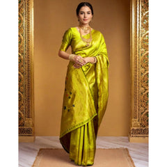 Mayawye Women's Silk Blend Zari Weaving Saree With Unstitched Blouse 5.5Mtr (Lime-Green)