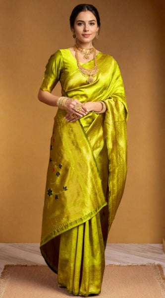 Mayawye Women's Silk Blend Zari Weaving Saree With Unstitched Blouse 5.5Mtr (Lime-Green)