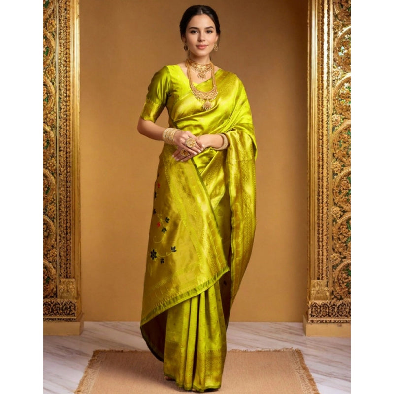 Mayawye Women's Silk Blend Zari Weaving Saree With Unstitched Blouse 5.5Mtr (Lime-Green)